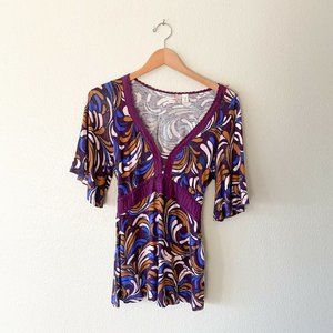 Anthropologie ricrac rayon silk burgundy blouse flare sleeve L